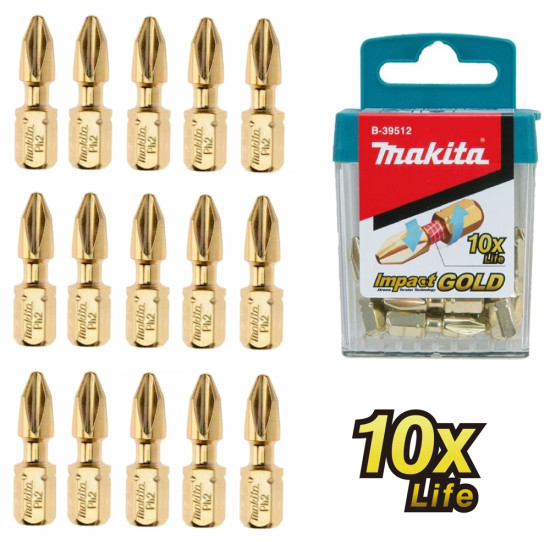 Набор насадок Impact Gold PH2, 25 мм, C-form (15 шт в наборе, в упаковке 10 наборов) Makita B-39512-10