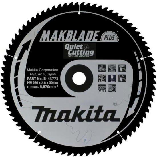 Диск пильный для дерева Makblade-Plus, 260x2.8x30, 80T, ATB Makita B-43773