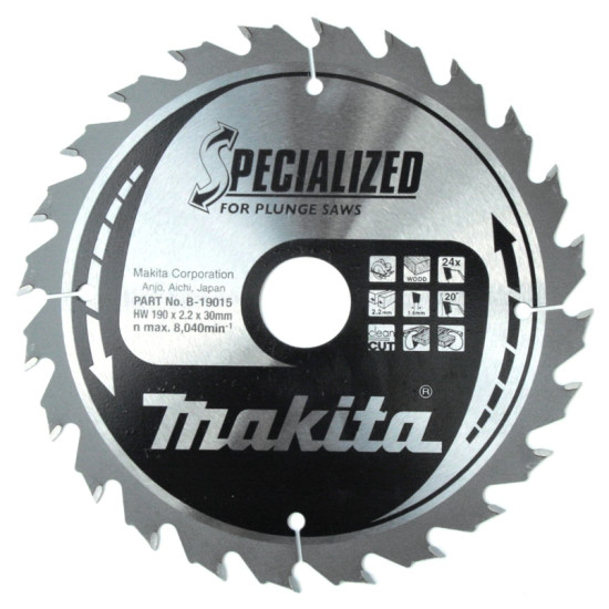 Пильный диск по дереву для погружных пил 190x2.2x30 24T ATB Makita B-31566 (B-09015)