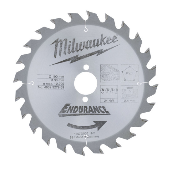 Диск пильный для циркулярок 190/30 Z24 дерево, MILWAUKEE, 4932327969
